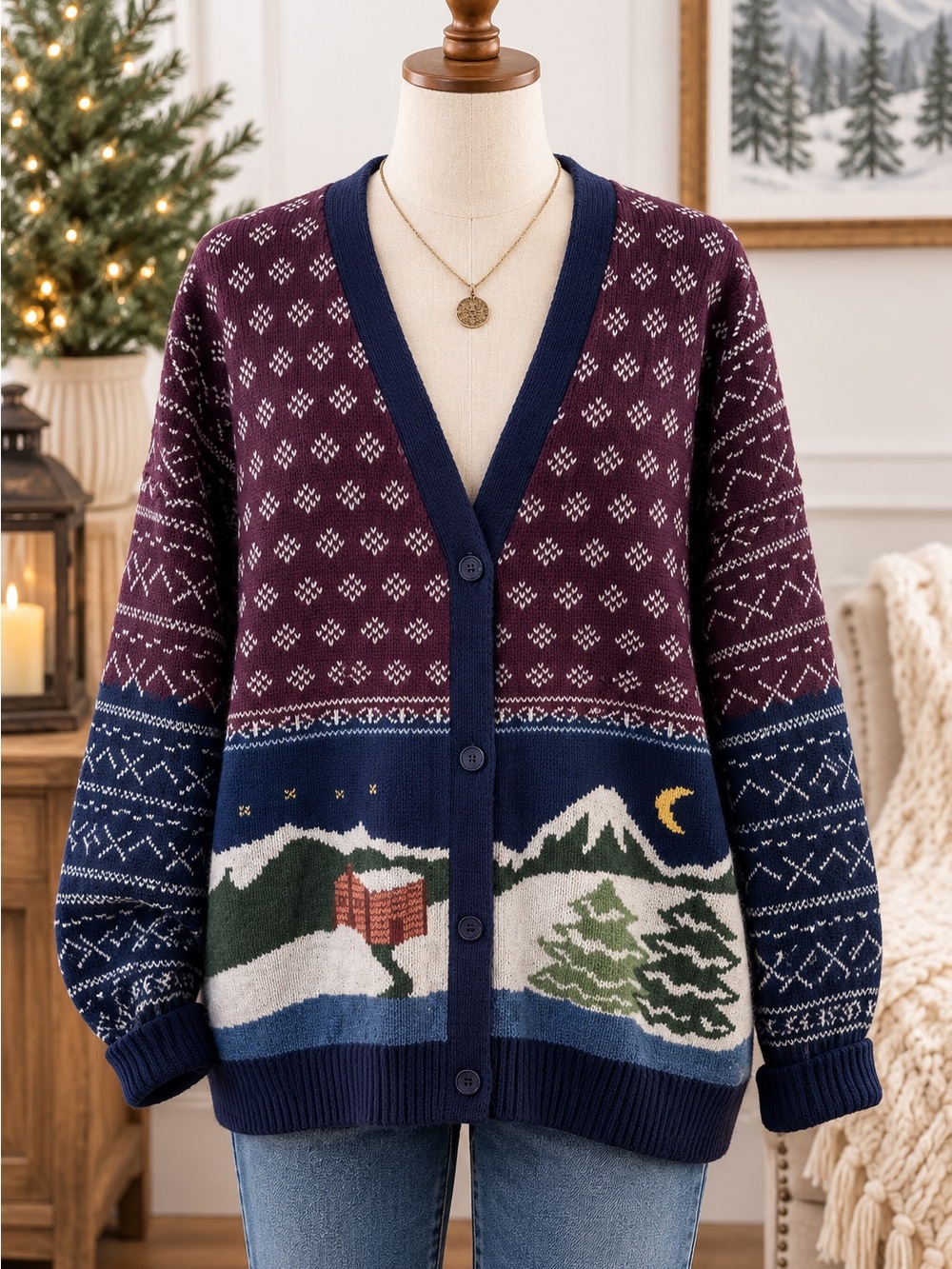 Woolrich 100% Lambswool Winter Scenic Cardigan knit Sweater XXL Holiday